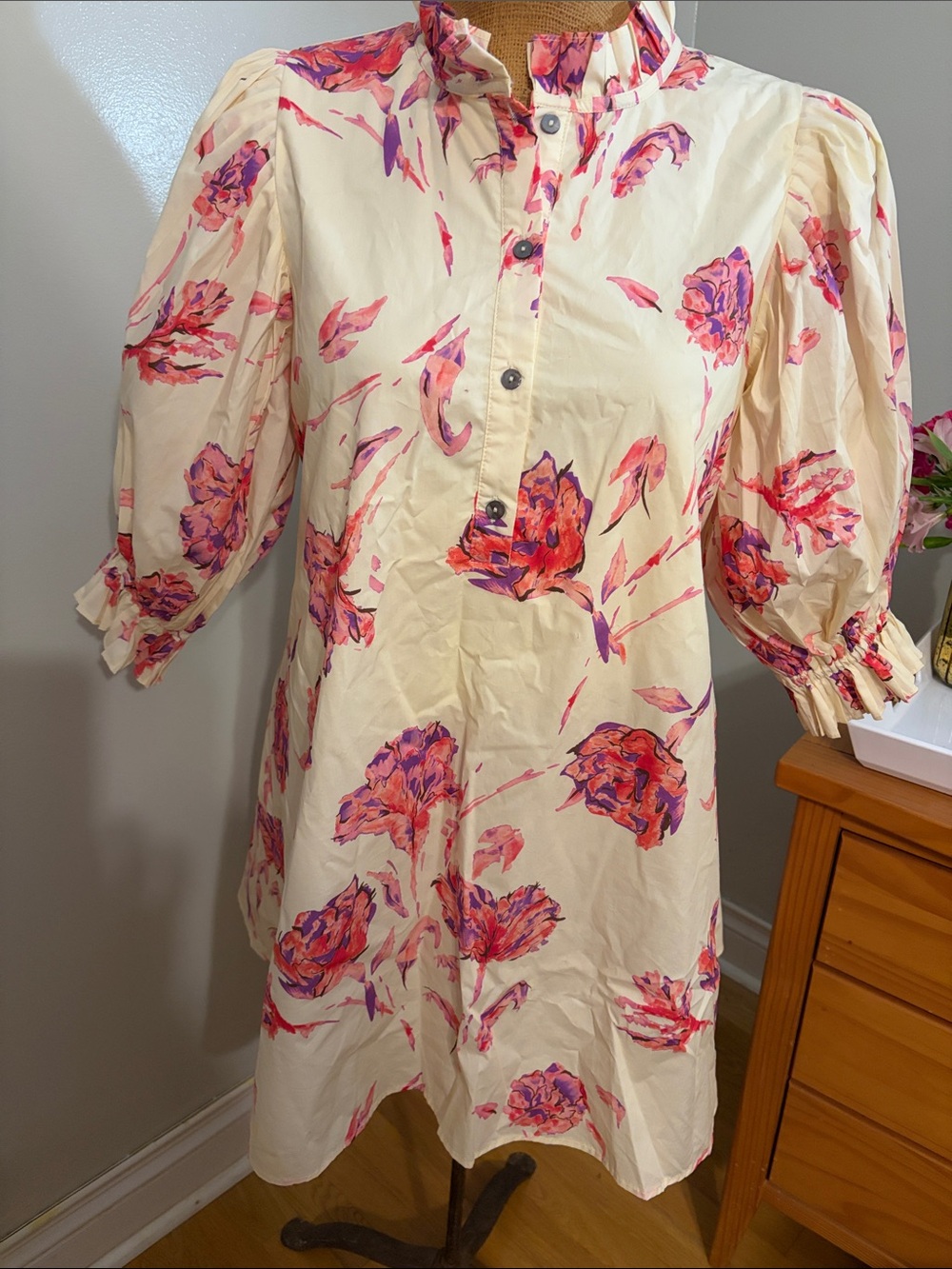 entro Cream Mini Dress with Pink and Purple Floral Print